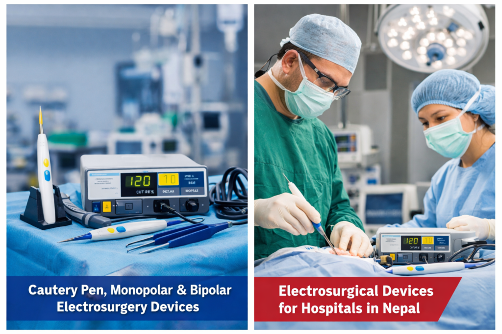Cautery pen with monopolar and bipolar electrosurgery unit used in hospitals in Nepal